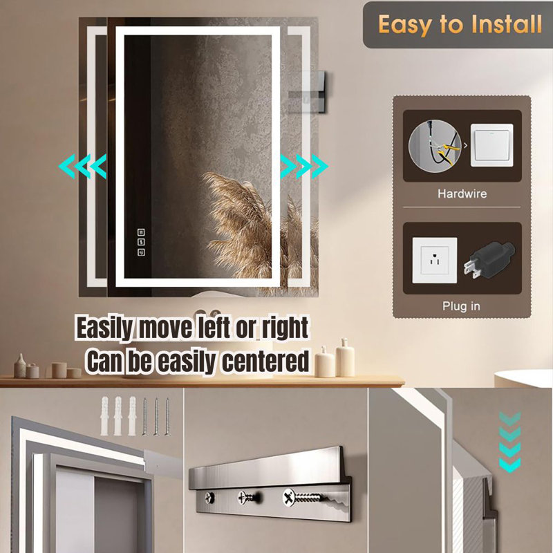 TOOLKISS Frameless LED Light Anti-Fog Wall Bathroom Vanity Mirror with Backlit & Frontlit ...